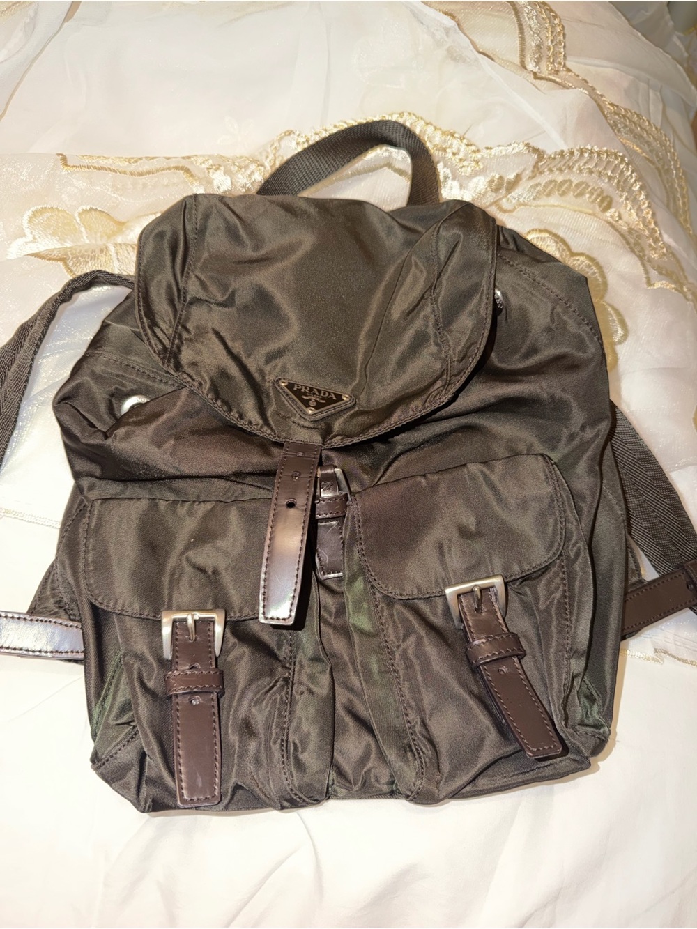 Prada Olive Green Nylon Backpack with Dark Brown Leather Trim - Picture 2 of 4